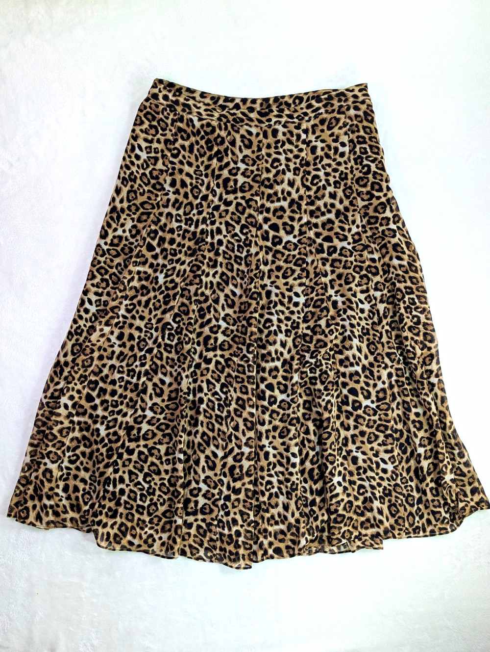 Chico's Leopard Print A Line Midi Skirt Size 1 US 8 Brown Tan Panel Lined Flared